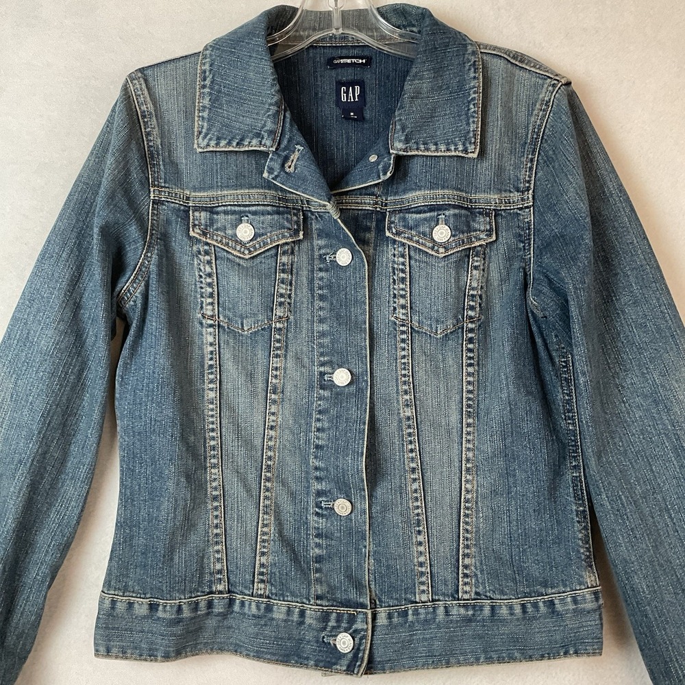 Gap Jean Jacket Womens M Blue Denim Trucker Vintage 2004 Stretch - Picture 2 of 11